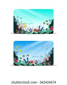 Vector gift card with coral reef and various species of fish