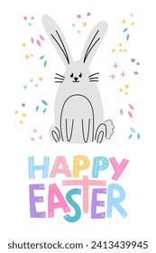 Vector gift card with cute rabbit. Happy easter quote in simple style. Bright and lovely colors on white background