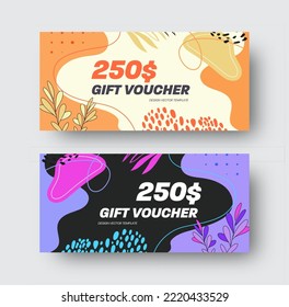 Vector gift card design with abstract design. White and black templates for certificates, discount cards for sales.