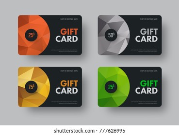 Vector gift card design in black with colored abstract polygonal background. Template of vouchers with round and semicircular elements.