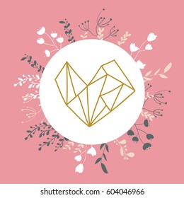 Vector gift card design with floral elements and geometric heart.