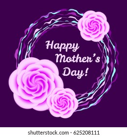 Vector gift card design template for mothers day and woman day with pink roses. Pastel pink and purple elegant flower illustration for poster and cover.