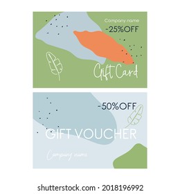 Tarjeta de regalo vectorial, plantilla de cupón de descuento con textura de doodle y formas geométricas en el fondo de color. Concepto de diseño para cupón de regalo, tarjeta, cupón, invitación, certificado, volante, banner, boleto