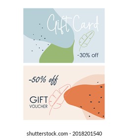 Vector gift card, discount voucher template with doodle texture and geometric shapes on color background. Design concept for gift coupon, card, vaucher, invitation, certificate, flyer, banner, ticket.