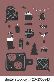 Vector gift card with flat cliparts for Christmas and New Year Dinner. Table is decorated by mugs with cacao, gingerbread cookies, muffins, anise star, candle. Geometric elements on brown background