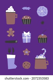 Vector gift card with flat elements for Christmas and New Year Dinner. Serving with cacao mugs, cupcakes, candy and cinnamon stick on violet background. Scandinavian geometric style
