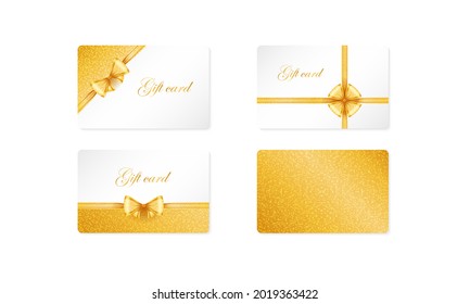 Vektorgrafik-Kartenlayout mit glitzerndem Hintergrund. Satz von drei Vorlagen von Diskokarten mit realistischen goldglänzenden Schleifen und Bändern auf weißem Hintergrund