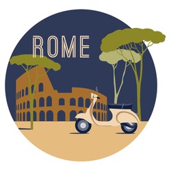 A Vector Gift Card With A Picture Of Rome, Motorbike And Italian Pine Trees 