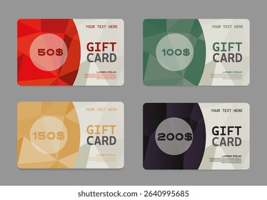 Vector gift card set with circular polygon shapes in red green yellow and purple tones. Editable modern design for discounts rewards or business promotions with customizable text