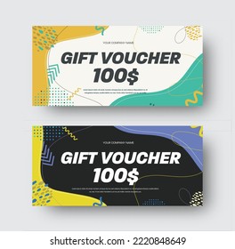 Plantilla de tarjeta de regalo vectorial con diseño colorido abstracto. Certificados blancos y negros, tarjetas de descuento para ventas.