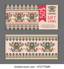 Vector gift card template with a national ornament. Ideal for shops, Spa salons, hairdressing