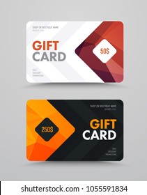 Vector gift card template with polygonal bronze and gold elements. The design is black and white with an arrow and a rhombus for denomination.