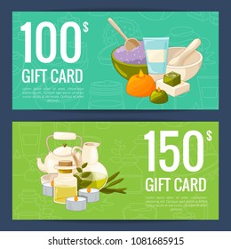 Vector gift card templates with cartoon beauty and spa elements