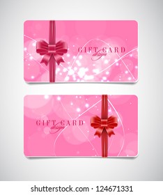 Vector gift card templates with modern glowing backgrounds and silky ribbon bow knots