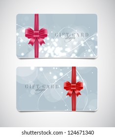 Vector gift card templates with modern glowing backgrounds and silky ribbon bow knots