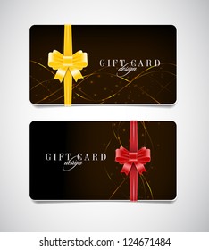 Vector gift card templates with modern dark glowing backgrounds and silky ribbon bow knots