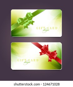 Vector gift card templates with soft abstract backgrounds and silky ribbon bow knots