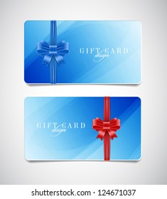 Vector gift card templates with soft abstract backgrounds and silky ribbon bow knots