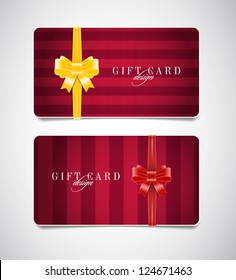 Vector gift card templates with striped fabric backgrounds and silky ribbon bow knots