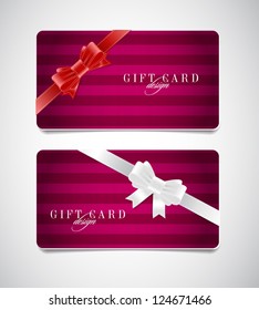 Vector gift card templates with striped fabric backgrounds and silky ribbon bow knots