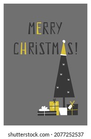 Vektorgeschenkkarte mit Text - Frohe Weihnachten. Poster ist mit flachen Weihnachtsbäumen in Weihnachtsmütze, Schneeflocken und Geschenkschachteln geschmückt. Geometrische Elemente sind im skandinavischen Stil auf grauem Hintergrund