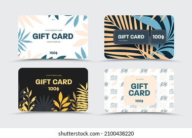 Vector gift card with trendy design, tropical, exotic twigs. Blue, nude, yellow palm leaves, monsters, abstract elements on a white, black background. Set of greeting covers for an anniversary,holiday