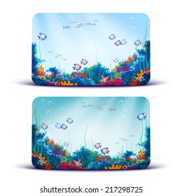 Vector Gift Card with underwater cave on background.