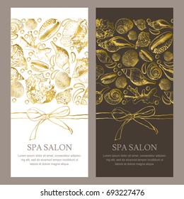 Vector gift card, voucher, banner or flyer template. Golden seashells hand drawn illustration on white and black backgrounds. Concept for spa and beauty salon.