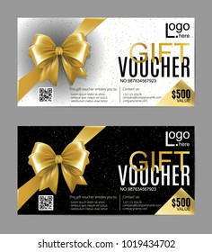 Vector gift card or voucher template with realistic gold bow ribbon. Golden, black and white vip holiday cards. Luxury design concept for gift coupon, invitation, certificate, flyer, banner, ticket.