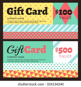 Vector gift card or voucher template with geometric pattern. Color blocks background. Concept for boutique, fashion shop, jewelry, accessorize, restaurant, flyer, banner design.