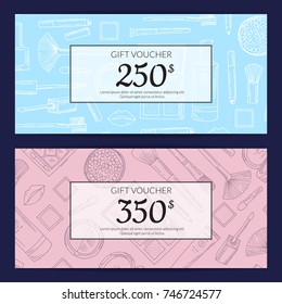 Vector gift card vouchers for beauty products with monochrome hand drawn makeup products isolated with transparent rectangles on dark background illustration