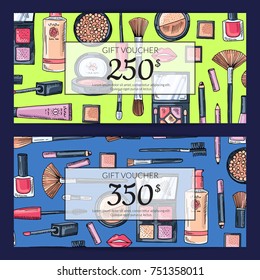 Vector gift card vouchers for beauty products with hand drawn makeup products isolated with transparent rectangles on dark background illustration