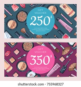 Vector gift card vouchers for beauty products with hand drawn makeup products isolated on dark background illustration