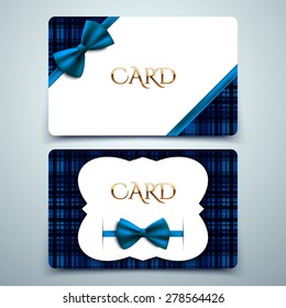 Vector gift cards, blue tartan print and decorative bow