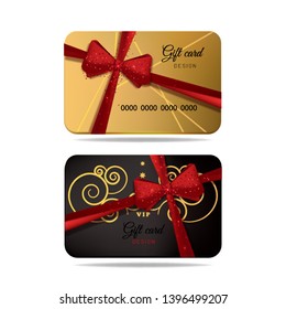 Vector gift cards, gold and dark with red bow ribbon, on the white background.