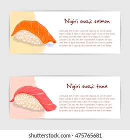 Vector gift cards of nigiri sushi with salmon and tuna.