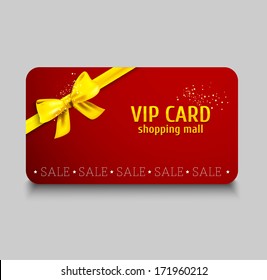 Vector gift cards.  Vip card with golden ribbon and gift bow. Sale banner.