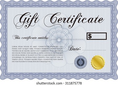 Vector Gift Certificate. Excellent complex design. Vector illustration.With guilloche pattern and background. 