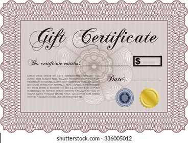 Vector Gift Certificate. With great quality guilloche pattern. Border, frame.Lovely design. 