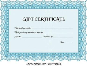 Vector Gift Certificate. With great quality guilloche pattern. Excellent design. Vector illustration.