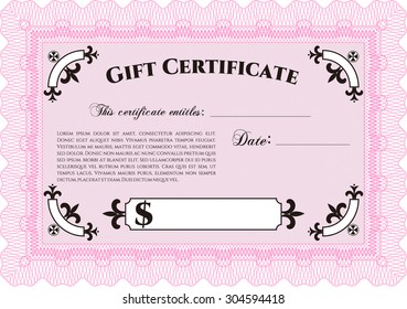 Vector Gift Certificate. Superior design. With linear background. Border, frame.