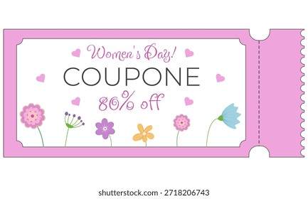 Plantilla de certificado de regalo de Vector con flores, 8 de marzo. Día Internacional de la Mujer, 80% de descuento, descuento