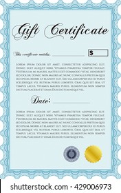 Vector Gift Certificate template. With guilloche pattern and background. Vector illustration. Elegant design. 