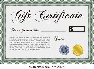 Vector Gift Certificate template. Vector illustration. Excellent complex design. With guilloche pattern and background. 