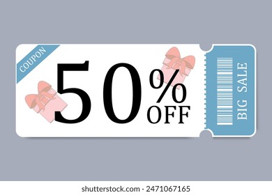 Vector gift coupon. Coupon template for discount and cashback, big sale. Vector ticket, design element.