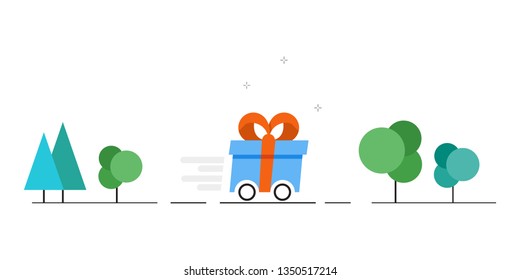 Vector gift delivery image. Fast delivery of gifts. Vector illustration.