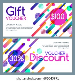 Vector gift and discount voucher template with abstract motion geometric shapes. Multicolor white holiday cards. Design concept for gift coupon, invitation, certificate, flyer, banner, ticket.