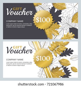 Vector gift or discount voucher template with 3d style gold and outline autumn leaves. Golden holiday cards set. Design concept for gift coupon, invitation, certificate, flyer, banner, ticket.