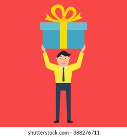 Vector gift flat concept. Joyful cartoon man holding a big present