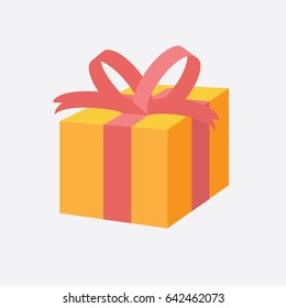 Vector gift in flat style. Yellow box with a red ribbon.